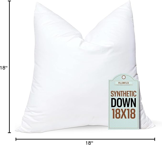 Pillowflex Synthetic Down Pillow Insert - 18x18 Down Alternative, Ultra Soft Throw Pillow, Couch Sham, Bed Sleeping Accent Pillow - 1 Decorative Accent Form