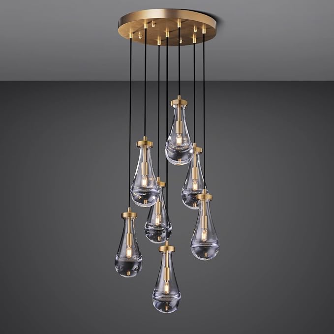 Brass Raindrop 7 Light Dining Room Pendant Light, Large Chandelier Adjustable Hanging Line, Living Room Pendant Light, Foyer Chandelier, Stairwell Pendant Lights, Bedroom