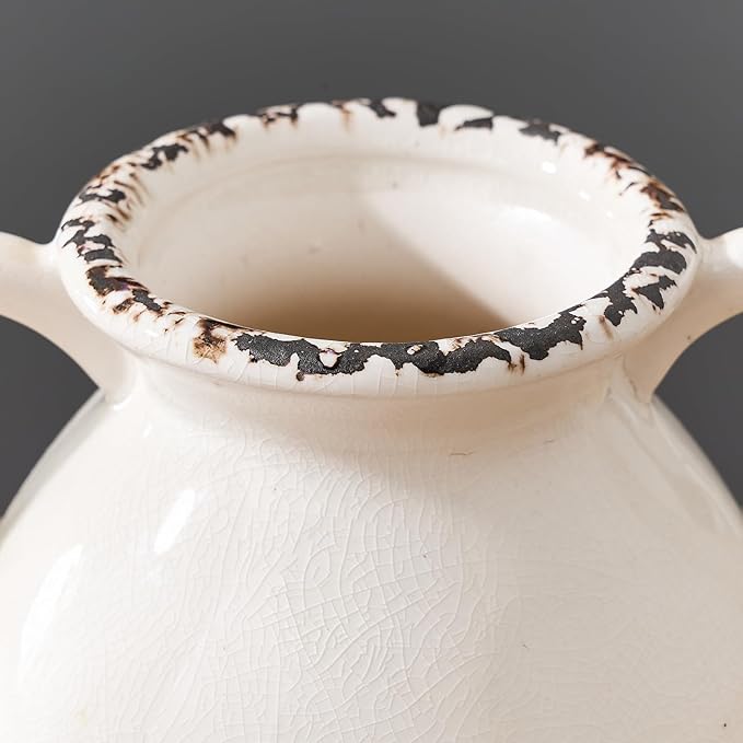 LUKA Antique Ceramic Vase with 2 Handle,6.4 inches Ice Cracked Rustic Vase Minimalist Decor, Decorative Vases for Home Decor, Table, Living Room, Shelf, Christmas Decoration(Small,Ice Cracked White)