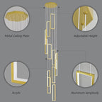 Modern Adjustable Height Pendant Light Fixture Gold 252W LED Pendant Lights 12 Rings Rectangular Chandelier Staircase Large Chandelier Lobby Living Room Foyer High Ceiling Chandeliers