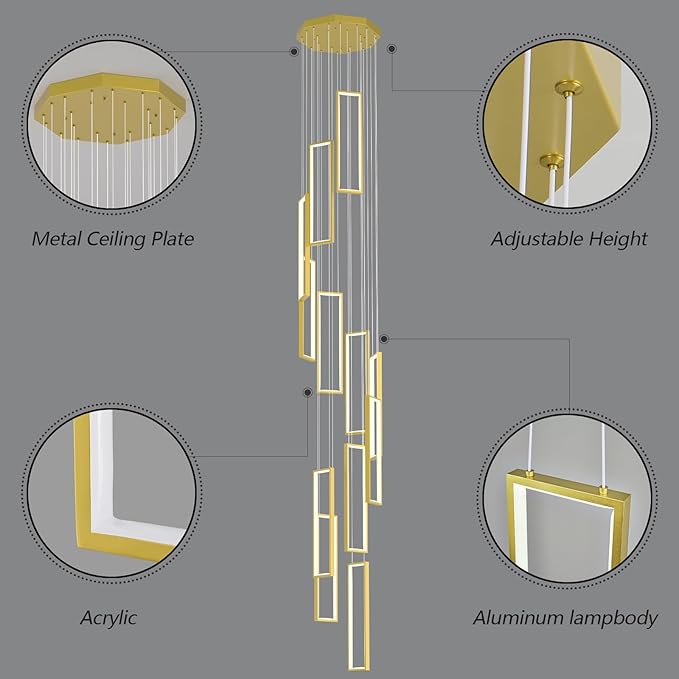 Modern Adjustable Height Pendant Light Fixture Gold 252W LED Pendant Lights 12 Rings Rectangular Chandelier Staircase Large Chandelier Lobby Living Room Foyer High Ceiling Chandeliers