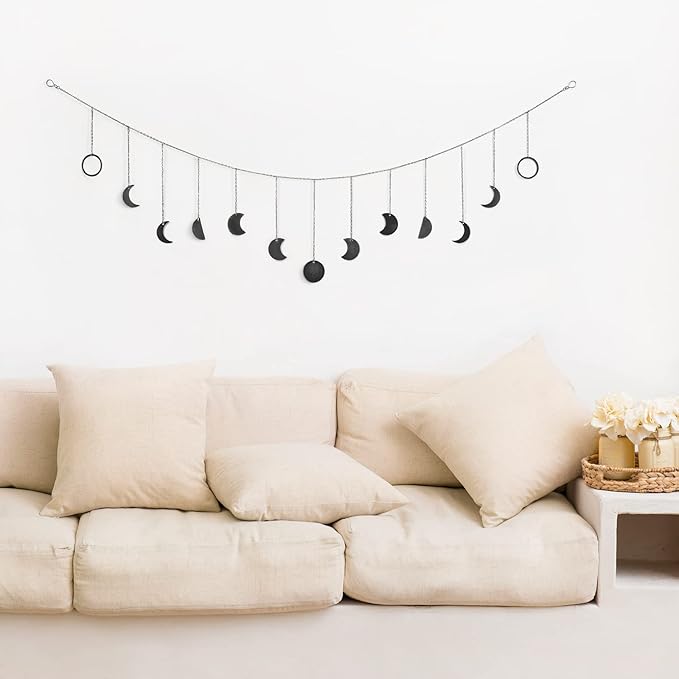 Mkono Moon Phase Wall Hanging Boho Aesthetic Room Decor Metal Moons Garland Hanging Art Bohemian Home Decoration for Girls Room Nursery Bedroom Livingroom Dorm, Ideal, Black, 55"