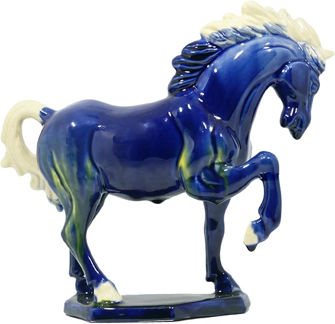 Ceramic Horse Sculpture -8 inch Hand Made Tri-Color Cultural Art Piece,Museum Collection Inspired Home and Office Decor (Blue)