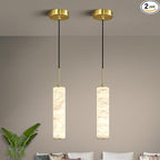LMQNINE Natural Alabaster Pendant Lights for Kitchen Island White Marble Long Tube Chandelier Modern Gold Ceiling Light Fixtures for Bedroom Dining Room Table Living Room Hallway(S-2Pack)