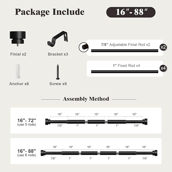 Oneach Black Curtain Rods for Windows 48 to 84 Inch, 1 Inch Pole Adjustable Length Heavy Duty Metal Curtain Rod Set, for Outdoor Bedroom Kitchen Living Room (16 to 88 Inch)
