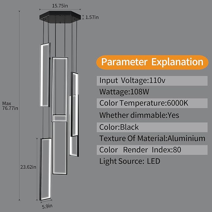 Modern Kitchen Island Dimmable Pendant Light Fixture - Black 108W LED Pendant Lights 6 Rings Rectangular Chandelier for Staircase, Large Ceiling, Lobby, Living Room, Foyer