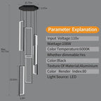 Modern Kitchen Island Dimmable Pendant Light Fixture - Black 108W LED Pendant Lights 6 Rings Rectangular Chandelier for Staircase, Large Ceiling, Lobby, Living Room, Foyer