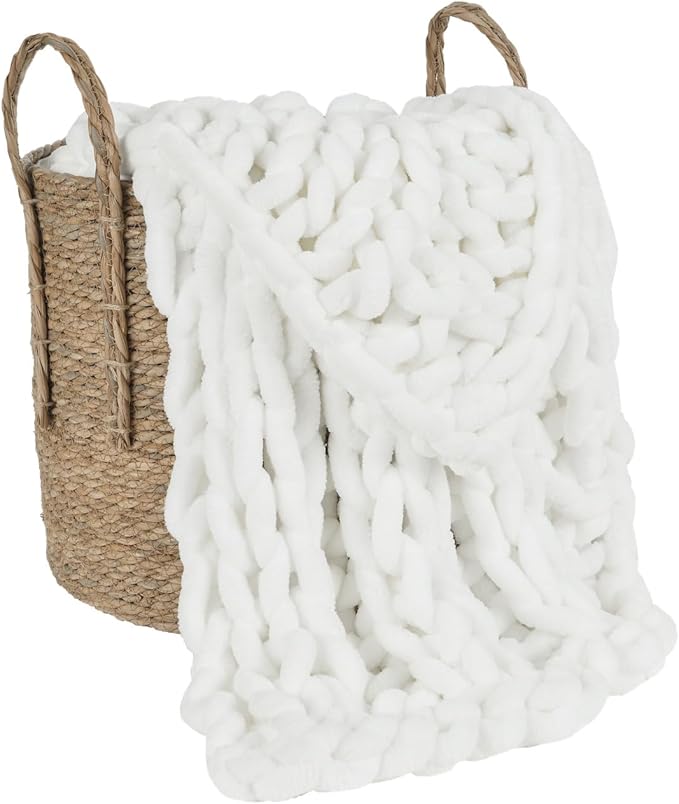 Esterra Chunky Knit Blanket Throw, 100% Handmade Chenille Throw Blanket 60"x80", Soft Thick Yarn Cable Knit Crochet Throw Blanket Rope Knot Throw for Couch Bed Sofa, Bright White