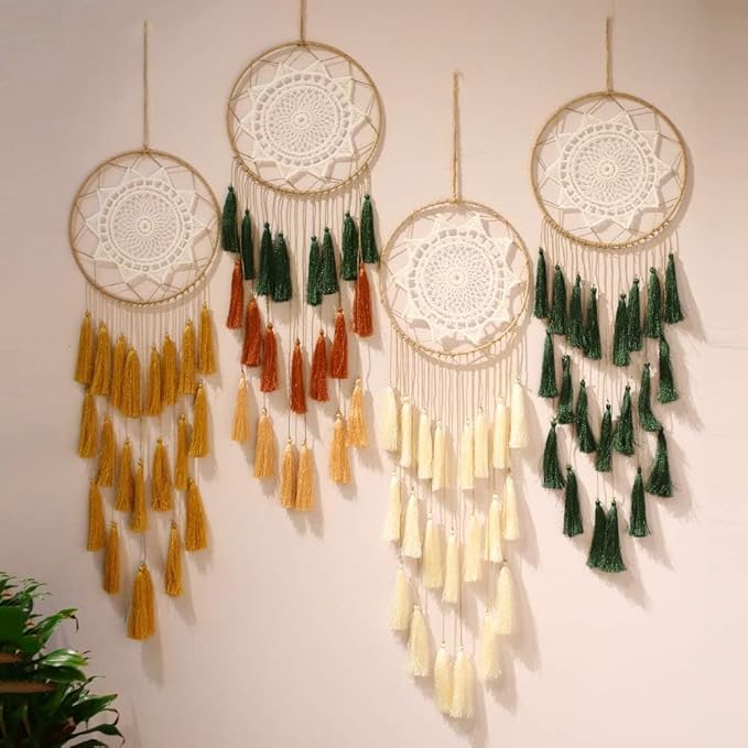 Artilady Macrame Dream Catchers for Bedroom - Tassel Wall Hanging Handmade Dreamcatchers Home Decor with Tassel Feather Ornament Craft Blessing Gift (Green Mix)