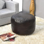 PF12 Round Shaped Goat Leather Handmade Eco-Friendly Chocolate Brown Pouf - 21" x 21" x 12", Plain Solid, Recycled Cotton Filled