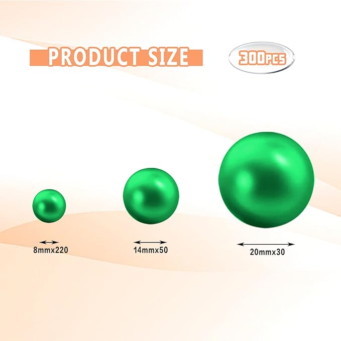 300Pcs Vase Filler Green No Hole Faux Pearl Beads for Vase Filling Decorations, Candle Centerpieces, Wedding Centerpieces, Home Party Decor (8/14/20mm)