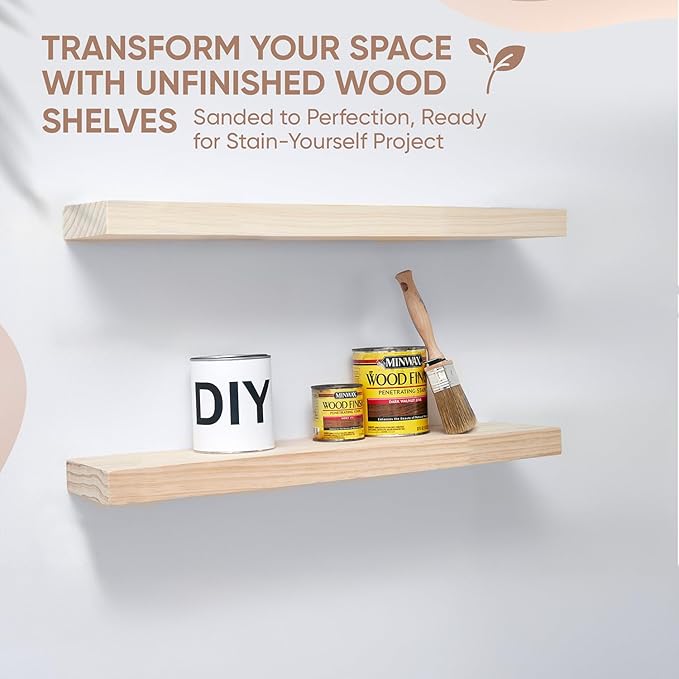 Homeforia 30 inch Wood Floating Shelves, High End Solid Natural Wood 30inch Floating Shelf for Wall, Unfinished Wooden 30 inches Floating Shelves, Heavy Duty Bracket, 30 X 6.5 X 1.75 in, Set of 2