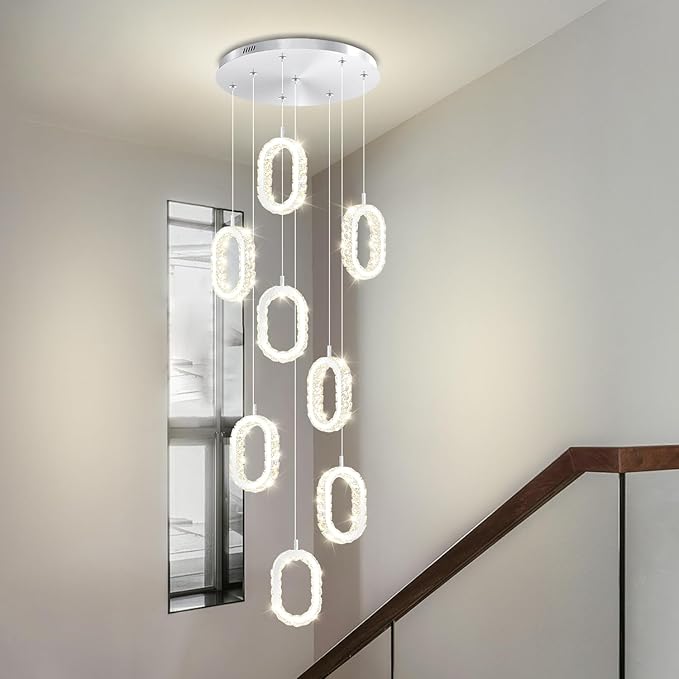 Silver 8 Rings Crystal Chandelier for Foyer Stairwell High Ceiling Chandelier Dimmable Oval Crystal Ring Pendant Light