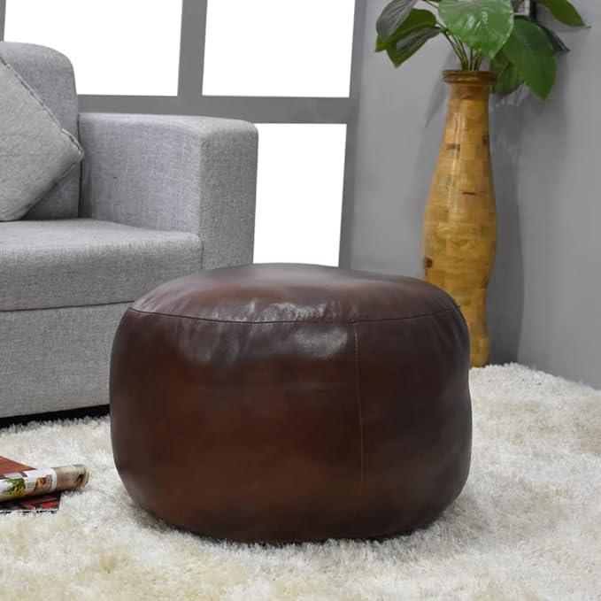PF12 Round Shaped Goat Leather Handmade Eco-Friendly Brown Pouf - 21" x 21" x 12", Plain Solid, Recycled Cotton Filled