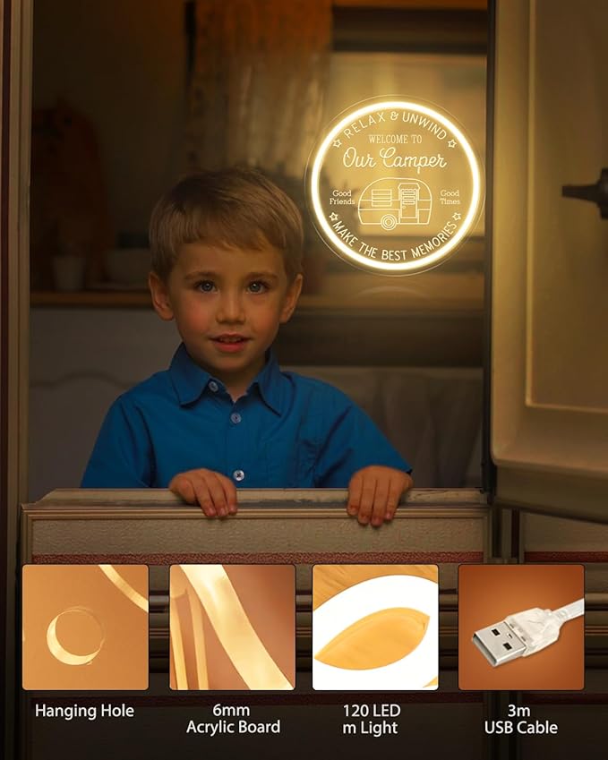 Camper LED Neon Sign for Camping Party Decor, Dimmable Neon Wall Lights Signs for Backyard Patio Garden BBQ Touring Car Decoration, 3D Art Light Up Sign for Housewarming Birthday Gifts