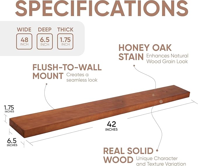 Homeforia Oak Floating Shelves 42 inch Long, High End Solid Real Wood 42inch Floating Shelves for Wall Mounted, Honey Oak Wooden 42in Floating Shelf, Heavy Duty Bracket, 42 X 6.5 X 1.75 in, Set of 3
