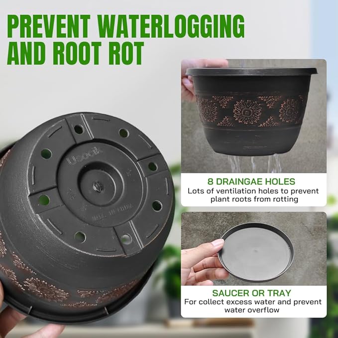 4 Pack 12 inch Plant Pots, Retro Pattern Planters with Drainage Holes and Saucer, Sturdy Plastic Garden Flower Pots for Indoor & Outdoor Plants