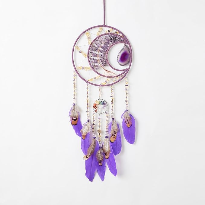 7 Chakras Agates Dream Catchers Moon Tree of Life Dream Catcher Violet Feather Dreamcatcher Wall Decor with Healing Crystal Stone Wall Art Hanging for Bedroom Home Decor Bless Gift Wedding Garden