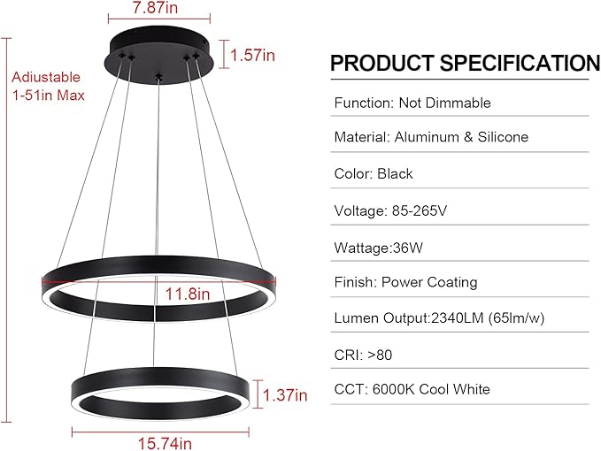 MADEM Room Decor Modern LED Pendant Light 2-Ring Circular Contemporary Chandelier Flush Mount Pendant Lighting for Living Dining Room Bedroom, 6000K Cool White, 36W, Black