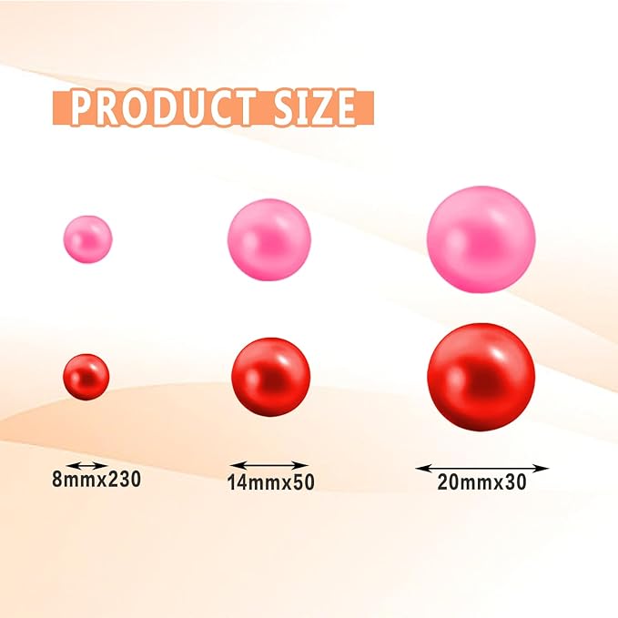300Pcs Vase Filler Red Pink No Hole Faux Pearl Beads for Vase Filling Decorations, Candle Centerpieces, Wedding Centerpieces, Home Party Decor (8/14/20mm)