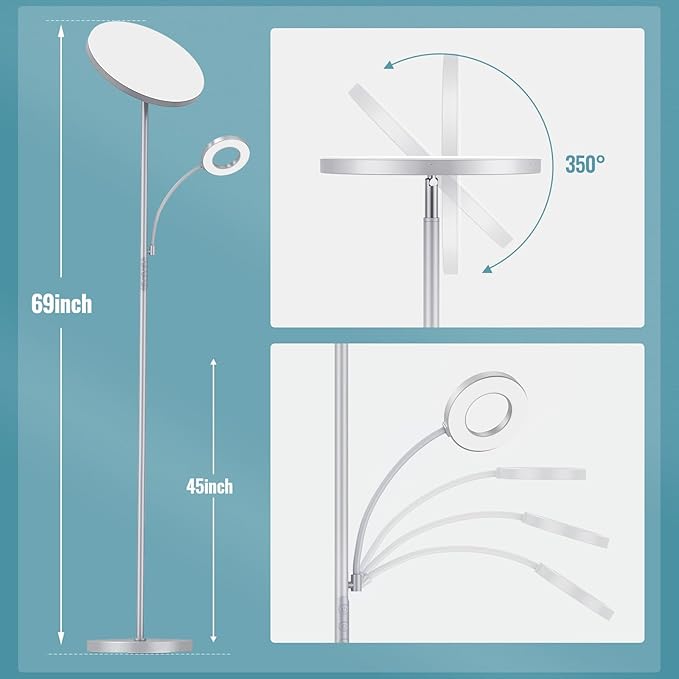 Silver Gray Floor Lamp, 42W 4000LM Super Bright LED Lamp with Reading Light for Living Room Bedroom Office, Dimmable Standing Lamp with Remote & Touch Control