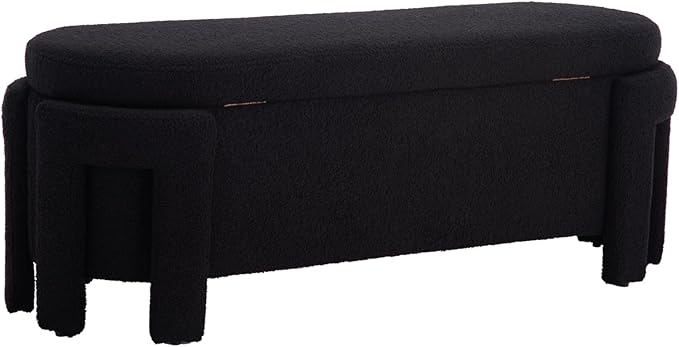 Modern Upholstered Storage Bench, Sherpa Fabric 50" Long Entryway Bench with Storage and Seating, Comfy Cute Ottoman Bench for Living Room/End of Bed/Hallway, Black