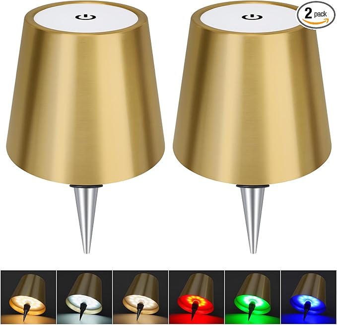 DUSKTEC Wireless Bottle Lamp Shade, RGB LED Wine Bottle Lamp with Stopper, 3 Color Stepless Dimming Rechargeable Touch Wine Bottle Lights for Any Liquor Bottle Bars Restaurants (Gold, 2PCS)