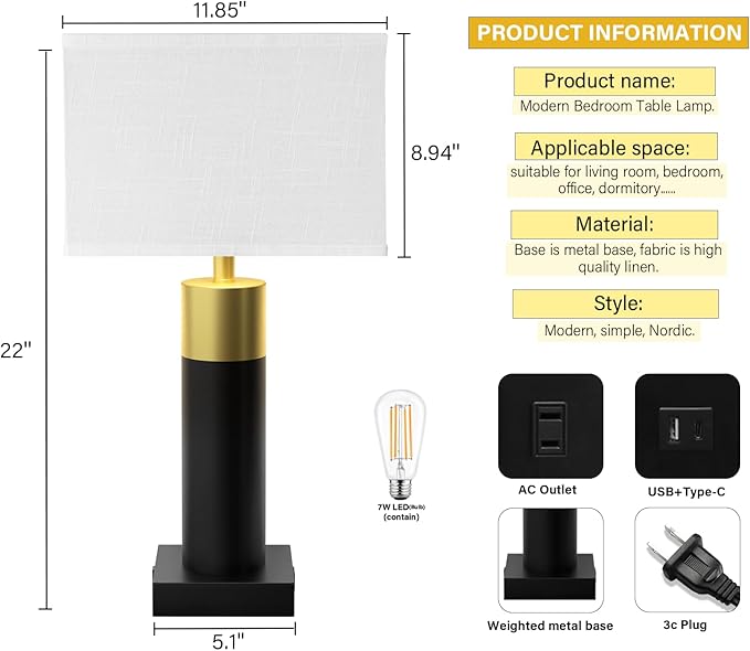 Touch Table Lamp for Bedroom 3 Way Dimmable 22''Bedside Lamp with USB A+C Nightstand Lamp for Living Room Office and Hotel Bulb Included