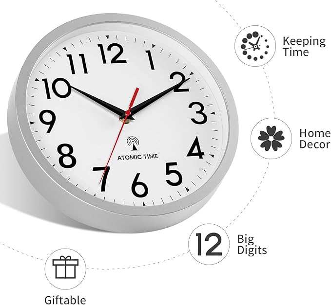 Atomic Wall Clock Analog 10 Inch Battery Operated Modern Decorative for Living Room Kitchen Office Bedroom Bathroom(Silver)