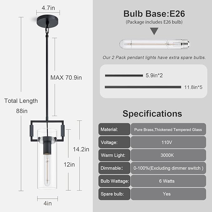 Modern Black Kitchen Island Pendant Lights,Knurled 12'' Glass Island Pendant Light,Farmhouses Pendant Light, for Kitchen,Dining Room,Bathroom,Bulb Included