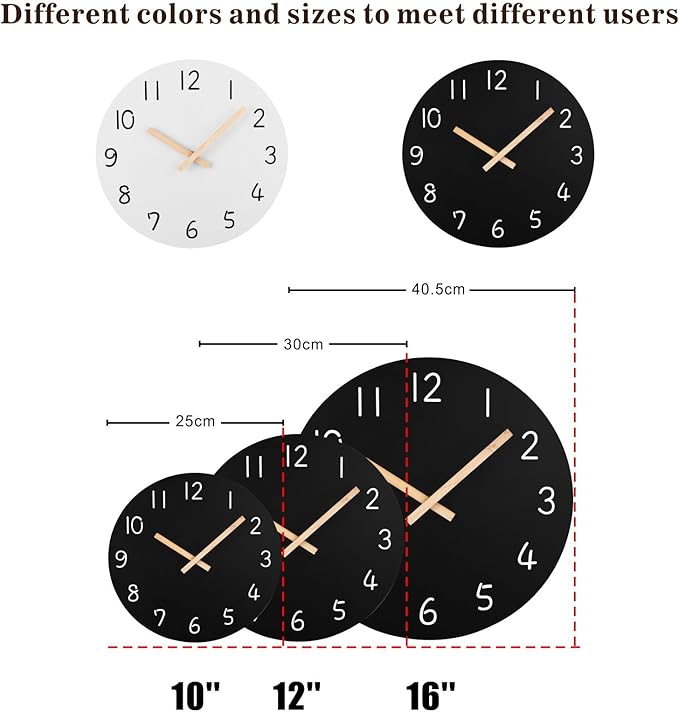 Plumeet 10'' Wooden Wall Clock Small Frameless Clocks with Silent Quartz Movement - Modern Style Village Wall Clocks Decorative Home Kitchen - Battery Operated (Black)