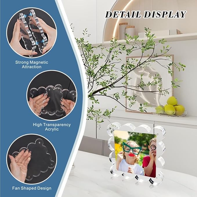 4x4 Inch Magnetic Acrylic Picture Frame,10+10mm Thick Block,Double Sided Clear scalloped frames for Desktop Display | Trendy Home Gift ((1 Pack), 4X4)