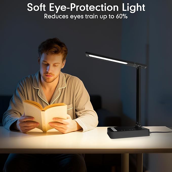 Desk Lamp with 4-Port Charging Station (2 AC Outlets, USB-C, USB-A), 5 Color Modes & Adjustable Brightness, Flexible Gooseneck Arm, Eye-Protecting LED Light Source, Ideal for Home Offices & Bedrooms