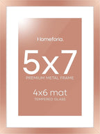 Homeforia Rose Gold 5x7 Picture Frame, High End Metal 5 x 7 Frames with Mat 4 x 6 for Print, 5by7 Desk Frame Matted to 4x6 inch Photo, 5 by 7 Wall or Tabletop Frame, Tempered Glass, Wall Kit, Set of 1