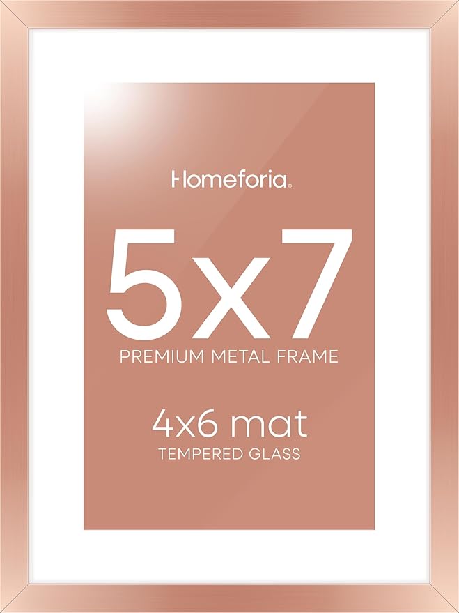 Homeforia Rose Gold 5x7 Picture Frame, High End Metal 5 x 7 Frames with Mat 4 x 6 for Print, 5by7 Desk Frame Matted to 4x6 inch Photo, 5 by 7 Wall or Tabletop Frame, Tempered Glass, Wall Kit, Set of 1