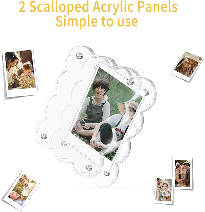 5 Pack 3x4 Inch Acrylic Polaroid Magnets Picture Frame for Refrigerator, Scalloped Clear Frames for Instax Photo, Wallet Size Mini Frame for Fridge