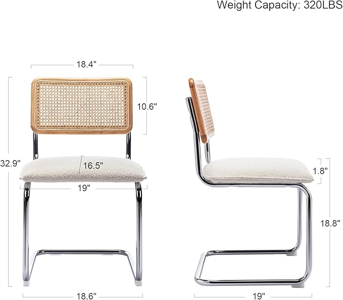 Mid Century Modern Rattan Dining Chairs Set of 4, Boucle Kitchen Chairs with Handwoven Mesh Rattan Backrest and Metal Legs, Upholstered Accent Side Chairs, White