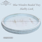 Round Wood Serving Tray with Beads, Blue Washed Wooden Decorative Tray for Entertaining, Decoration, and Gifting