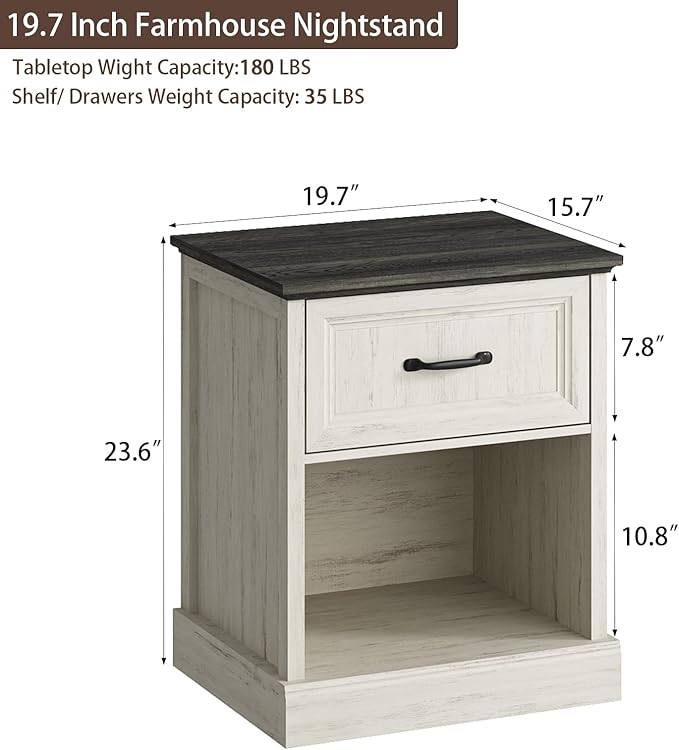 CARPETNAL 20" Farmhouse Nightstand Set of 2, End Table with Large Drawers & Open Storage, Side Table, Bedside Table for Bedroom, Living Room, White