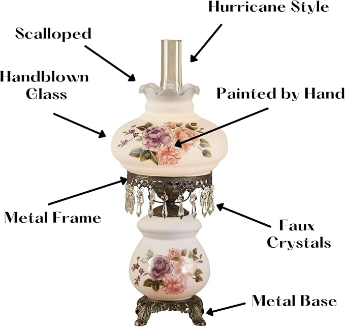 Touch of Class Brook Floral Handpainted Hurricane Table Lamp White Floral Motifs - Metal Base, Glass Shade, Scalloped Edges - Vintage Bedroom Aesthetic - Victorian Style Parlor Lamps for Bedroom