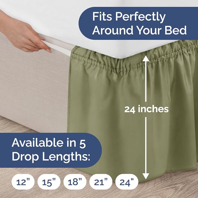 Wrap Around Dust Ruffle Bed Skirt - Sage Green - for Queen Size Beds with 24 Inch Drop - Elastic Strap - Adjustable Pleated Bedskirt with Brushed Fabric and Wrinkle Free - For Women, Men, Kids & Teens