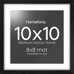 Homeforia 10x10 Picture Frame Black Wood, High-End Oak 10 x 10 Square Frames with Mat 8 by 8 Photo, 10by10 Wooden Frame Matted to 8x8 Print, Wall or Tabletop Frames, Tempered Glass, Wall Kit, Set of 1