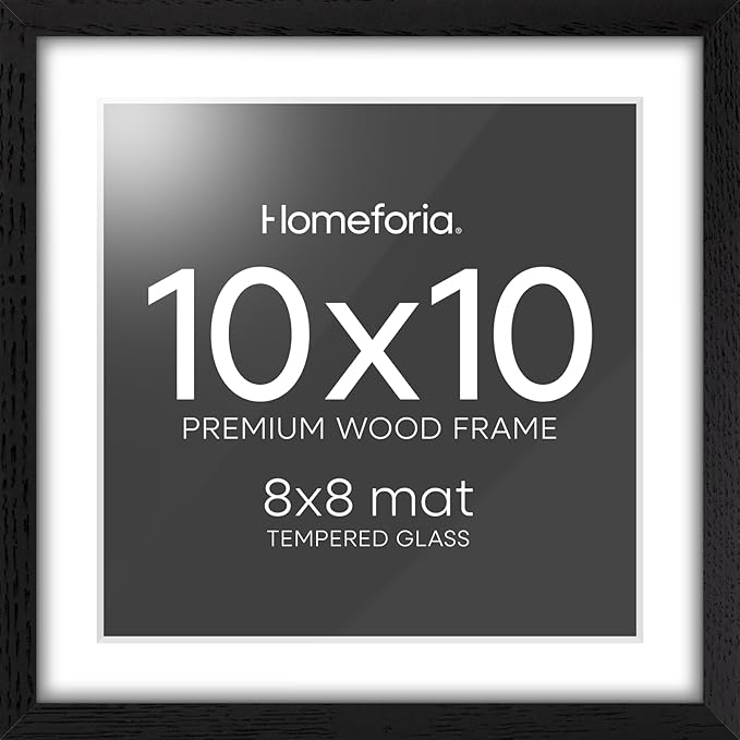 Homeforia 10x10 Picture Frame Black Wood, High-End Oak 10 x 10 Square Frames with Mat 8 by 8 Photo, 10by10 Wooden Frame Matted to 8x8 Print, Wall or Tabletop Frames, Tempered Glass, Wall Kit, Set of 1