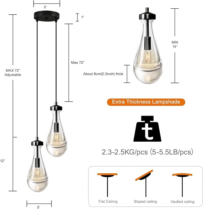 Modern Raindrop Pendant Lights, Black Cluster 2-Light Pendant Lights Kitchen Island, Bronze Bedside Pendant Lighting, Adjustable Suspension Cord for Dining Room,Bathroom,Bedroom,Bulb Included