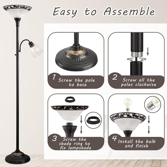 Floor Lamps for Living Room, 70" Floor Lamp Standing Torchiere Lamp with Etched Glass Shade, Metal Pole & Heavy Base, Vintage Tall Corner Lamp Decor for Bedroom, Living Room, Office. No Bulbs (2 Head)