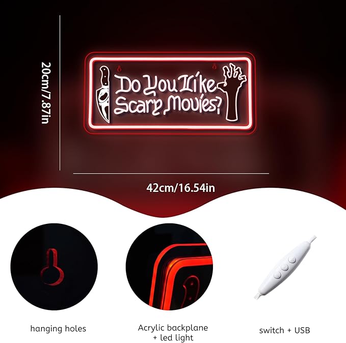 WLHOPE Do You Like Scare Movies Neon Sign Dimmable Neon Signs For Wall Decor Led Lights For Cinema Halloween Bar Club Party Teen Boy Bedroom Game Room Decor Gifts USB Powered 16.54x7.87in