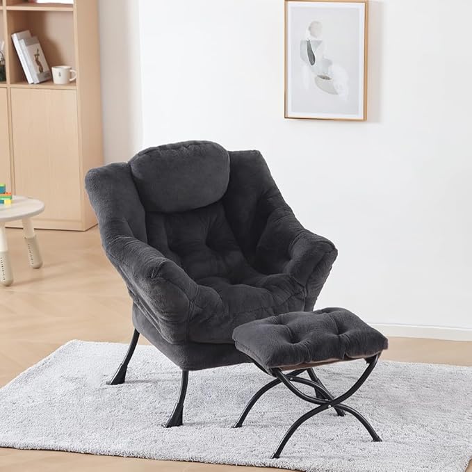 Plush Lazy Chair and Ottoman, Large Contemporary Accent Lounge Chair with Armrests and a Side Pocket, Modern Leisure Upholstered Sofa Reading Armchair with Footrest for Bedroom, Living Room