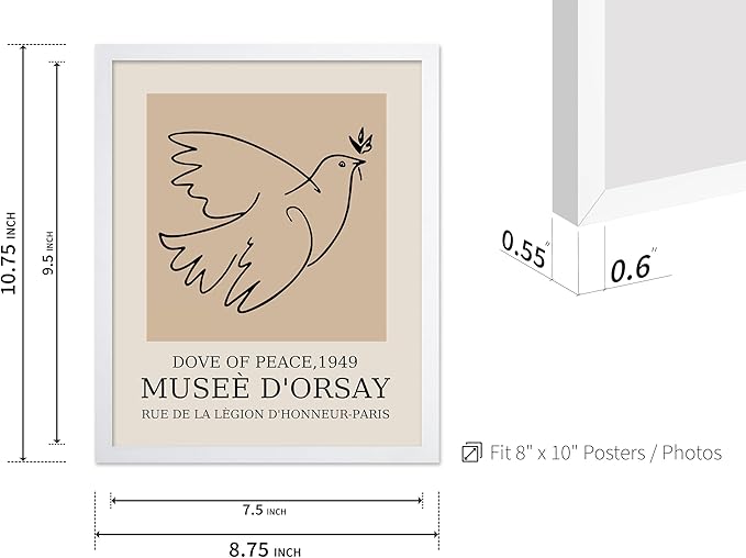 Poster Master Vintage Poster - Retro Minimalist Print - Gift for Artist, Friend - Dove Of Peace, Line Drawing, Sketch, Abstract - Wall Decor for Living Room, Bedroom, 8x10 White Framed