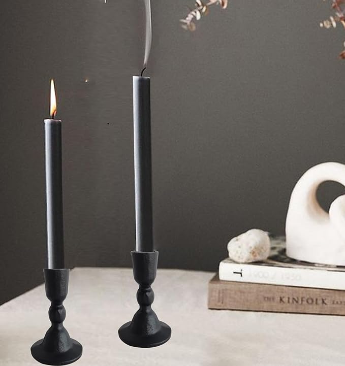 Antique Black Iron Taper Candle Holders - Candlestick Holder for Weddings, Dining, and Parties, Candle Stand Set of 2 (Black)