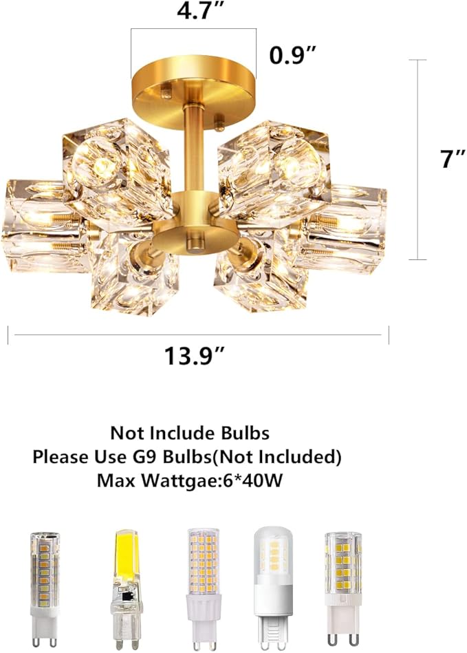 Semi Flush Mount Ceiling Light Fixture Modern 6 Lights Gold Crystal Chandelier,Brushed Nickel Sputnik Chandeliers for Hallway Entryway Bedroom Dining Room Farmhouse Kitchen Office